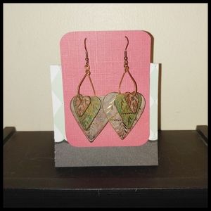 Hearts Hanging Earrings, Tarnish and Red on Gold Tones